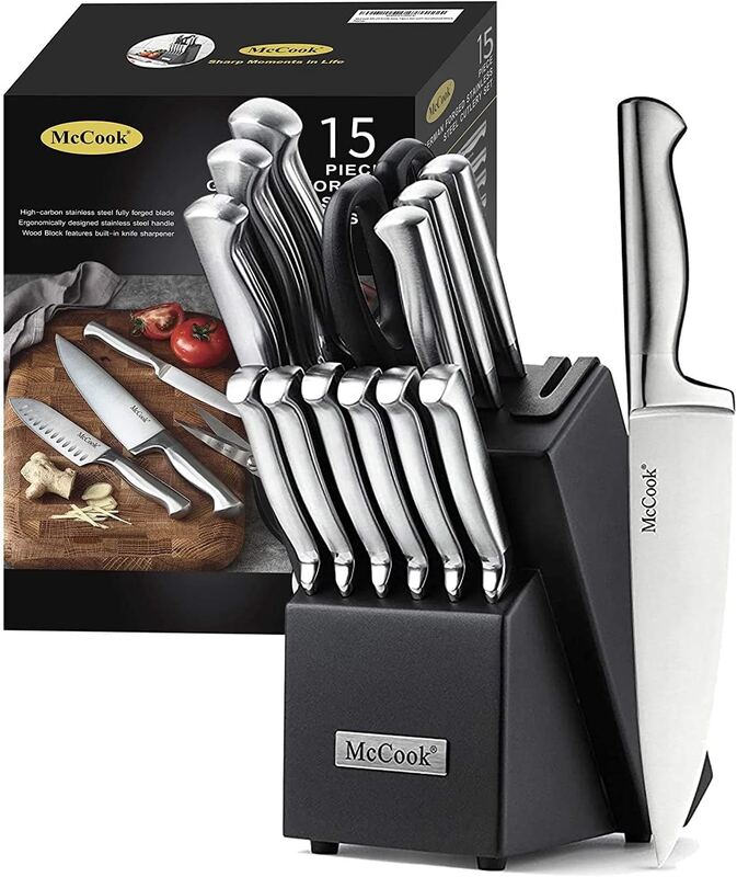 McCook Knife Set Kitchen Steel Knife Block Set w Built-in Sharpener